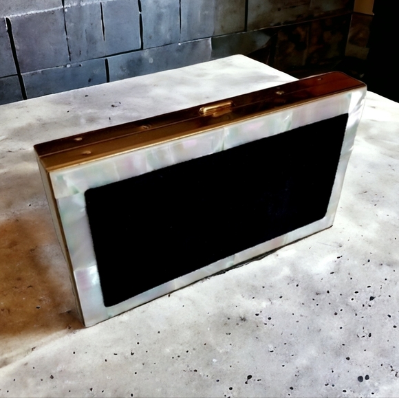 Vintage Mid Century Suede Mother of Pearl Make Up Case Clutch Compact Duo - Picture 1 of 14
